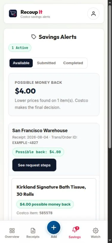 Recoup It mobile Savings screen showing one available price-drop alert, four dollars in possible money back, its deadline, and request steps.